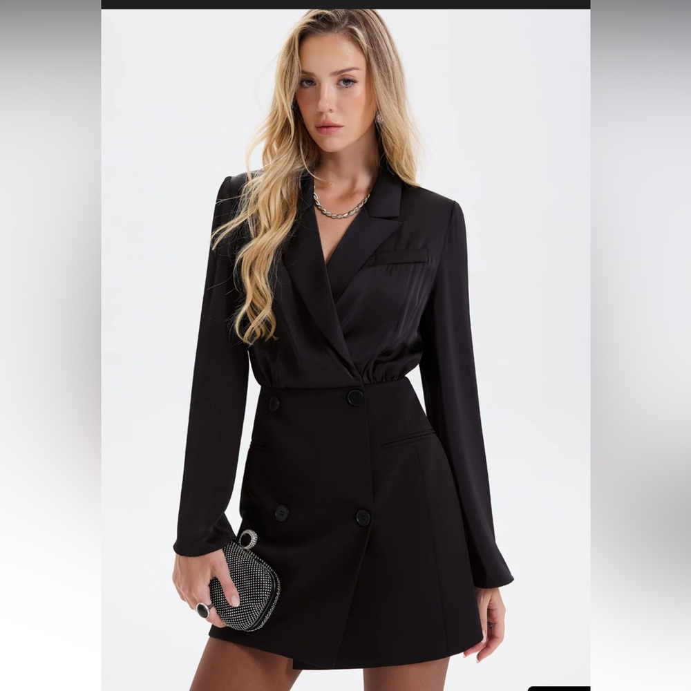 Commense Satin-Paneled Double-Breasted Blazer Dress Tuxedo Button Small Black